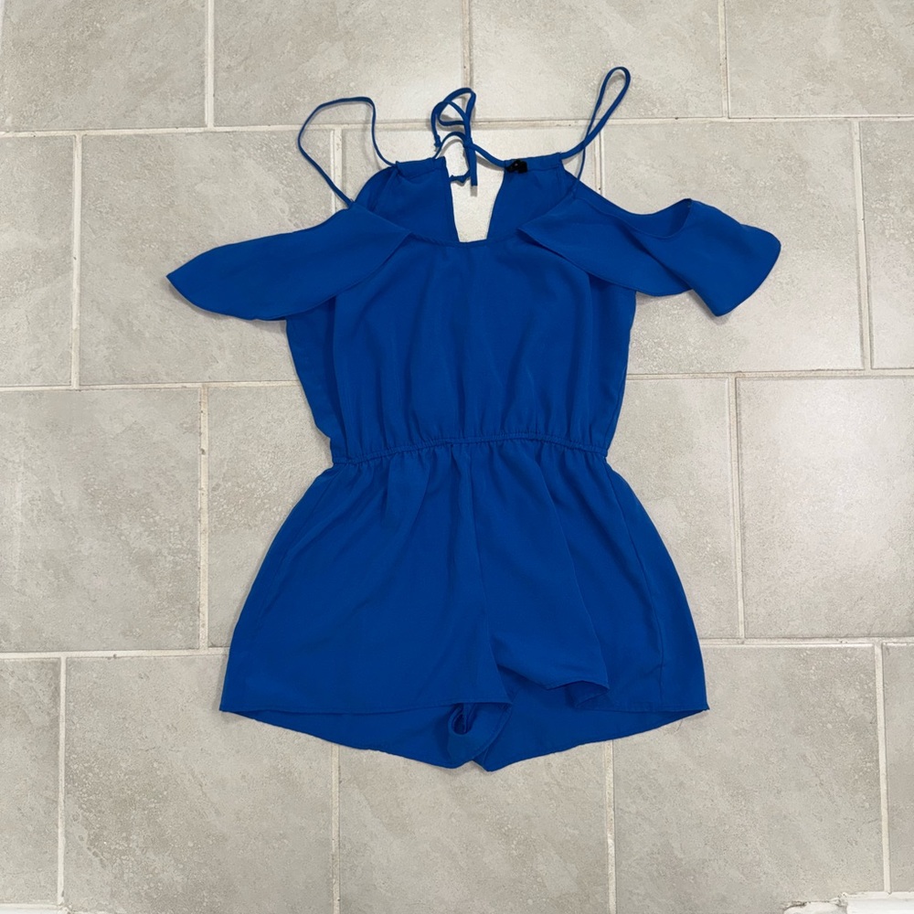 Macy's Blue Jumpsuit with Cold-Shoulder Design and Elastic Waist